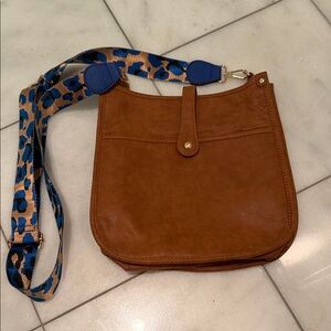 Threaded Pear Emmy Brown Vegan Leather Courier Crossbody with Blue Leopard Strap